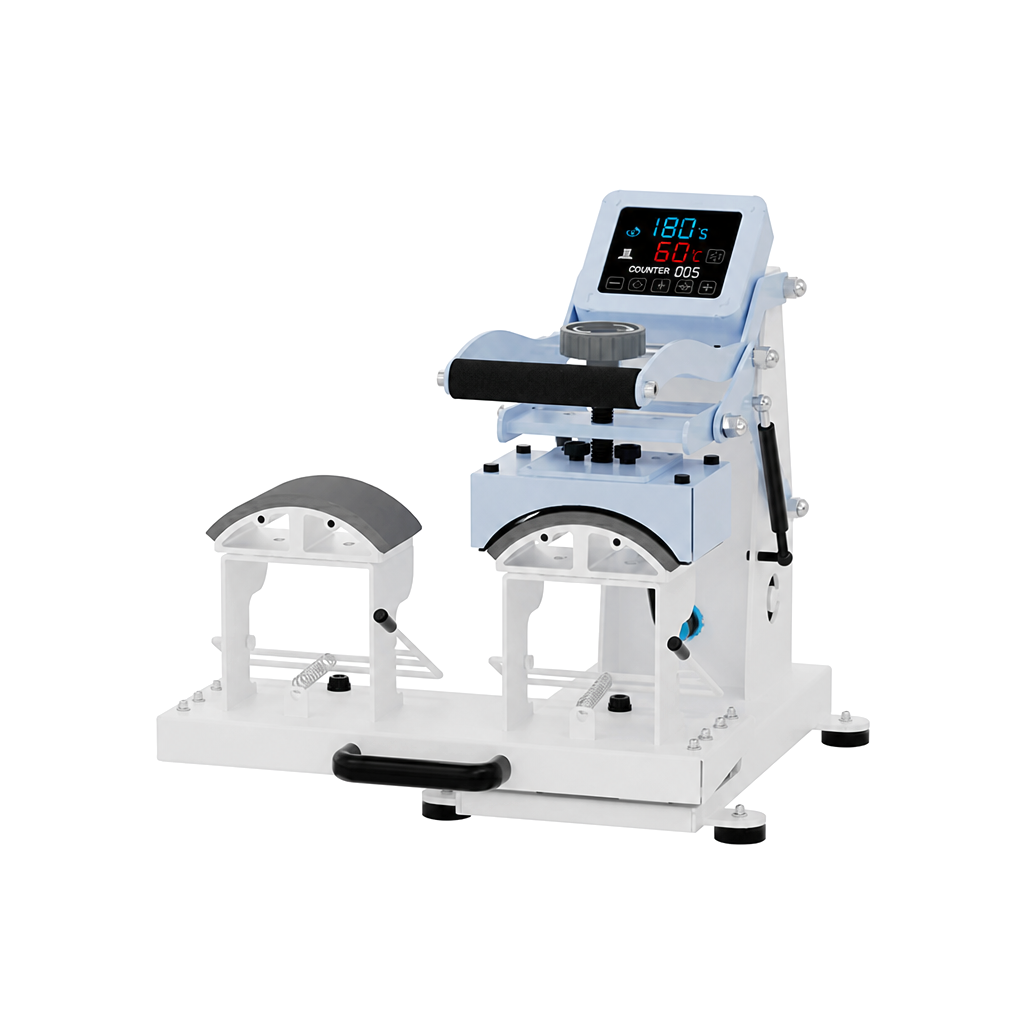 Plancha Térmica de Doble Estación para Sublimación – Modelos para Etiquetas (6" x 6"), Gorras y Espinilleras