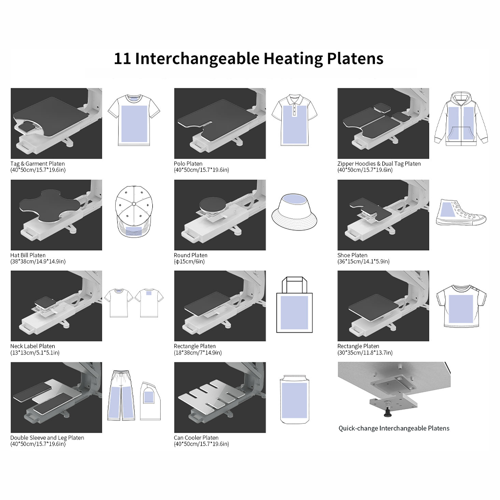 Special heating plates in various sizes compatible with the G1 and P16 Pro presses