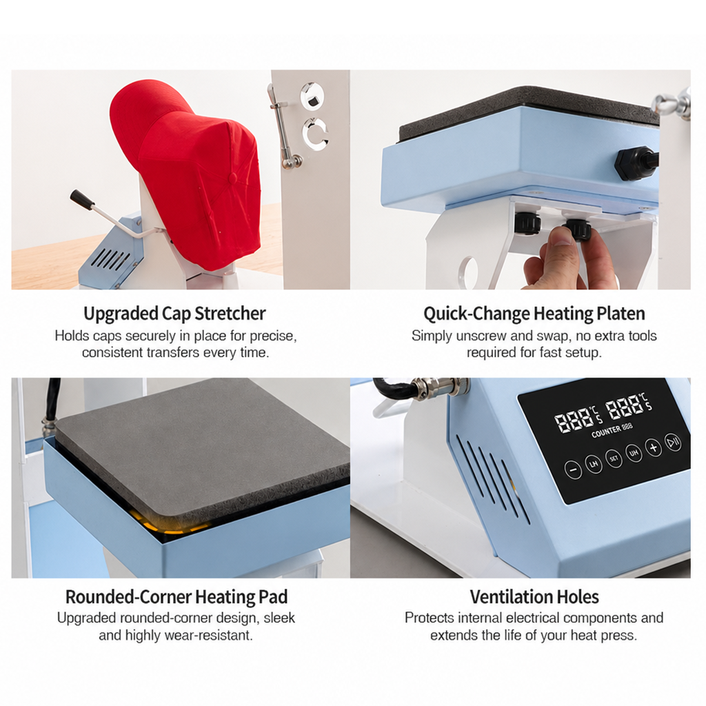 Plancha térmica 2 en 1 con calor superior e inferior para gorras y etiquetas