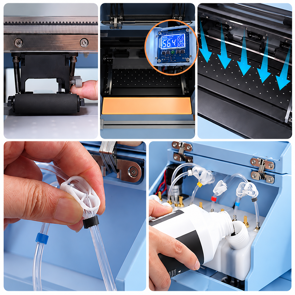 Impresora DTF M30 A3 30cm - Kit todo en uno con 6 botellas de tinta de 500ml película DTF de 0,3x100m, horno de curado y extractor de humos DTF