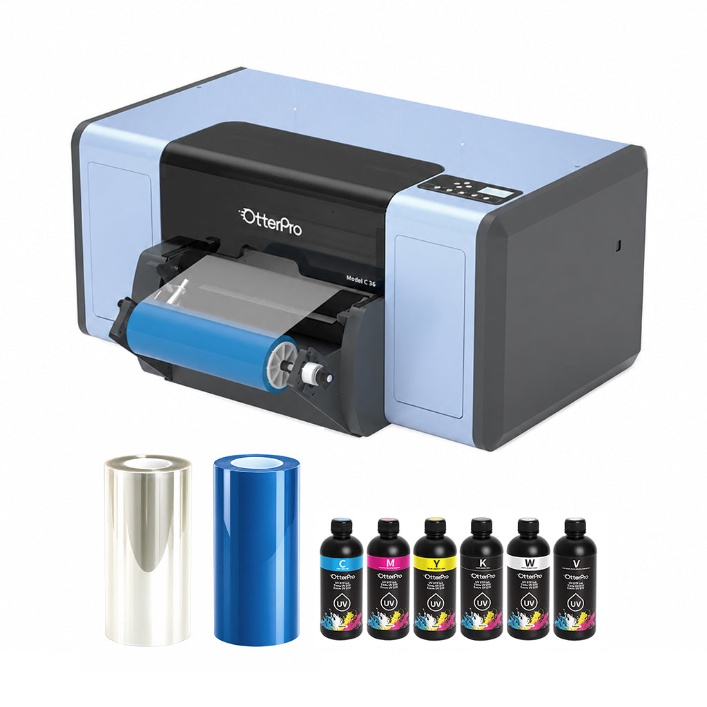 Impresora UV DTF C30 A3 30cm - Kit inicial con 6 botellas de tinta de 500ml películas A + B de 0,3x100m o soporte para recogida automática